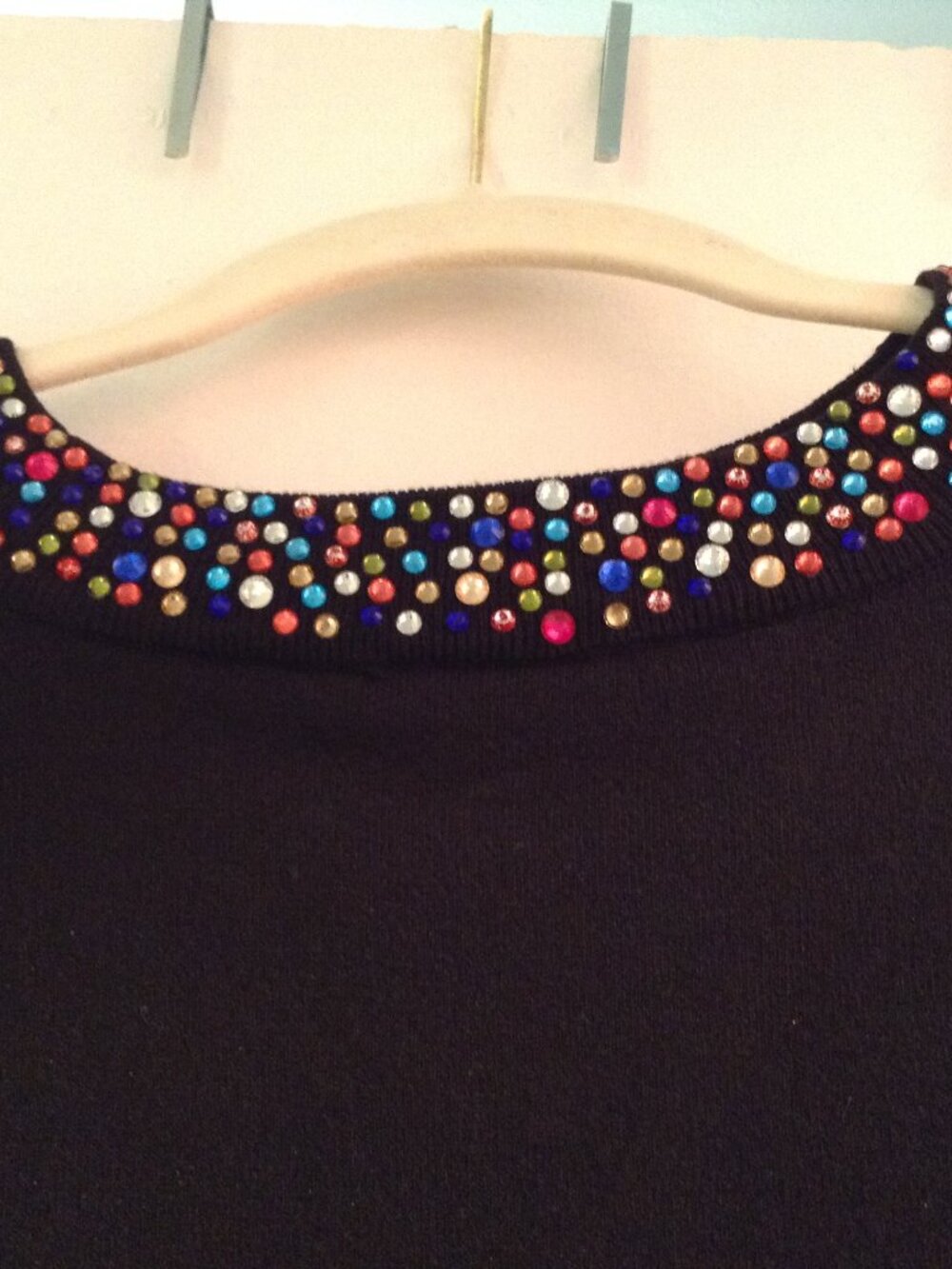 Black Sweater With Multicolor Sparkling Crystals Around the Whole Neck XL INC - Picture 3 of 3